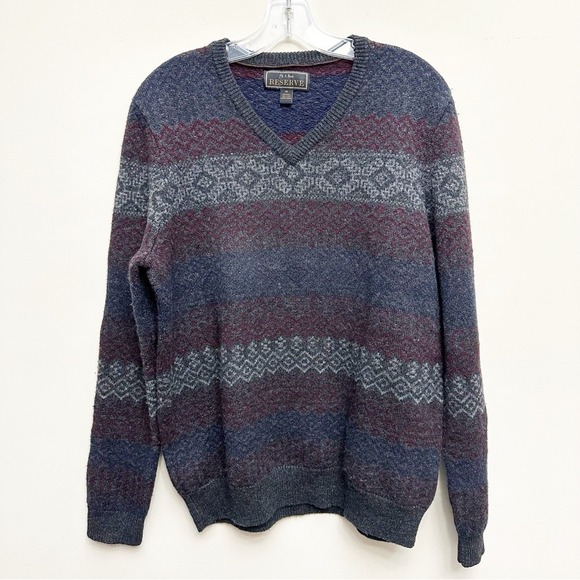 Vintage Jos A. Bank Reserve Men's Wool V-Neck Grandpa Cabin Camping Cozy Sweater - Picture 1 of 6
